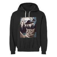 Cat Selfie With Ufo Alien Funny Cat Graphic Garment-Dyed Fleece Hoodie
