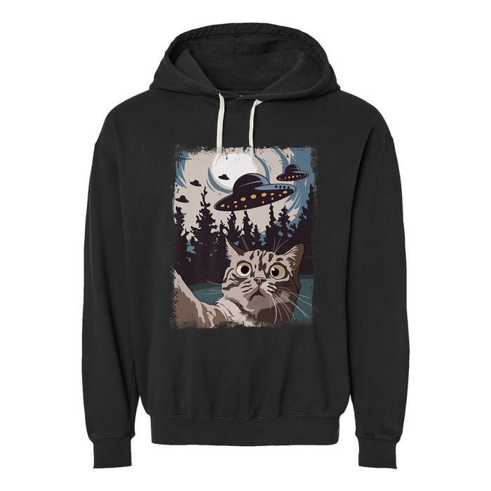 Cat Selfie With Ufo Alien Funny Cat Graphic Garment-Dyed Fleece Hoodie