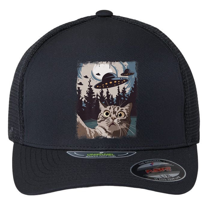 Cat Selfie With Ufo Alien Funny Cat Graphic Flexfit Unipanel Trucker Cap