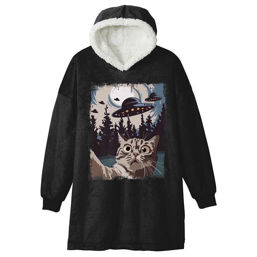 Cat Selfie With Ufo Alien Funny Cat Graphic Hooded Wearable Blanket