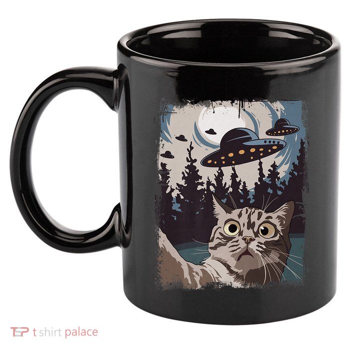Cat Selfie With Ufo Alien Funny Cat Graphic 11oz C Handle Ceramic Mug