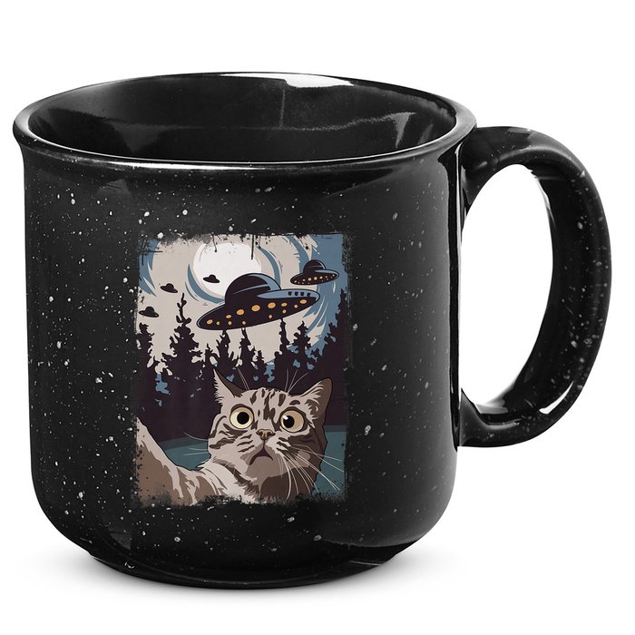 Cat Selfie With Ufo Alien Funny Cat Graphic 15oz Campfire Ceramic Mug