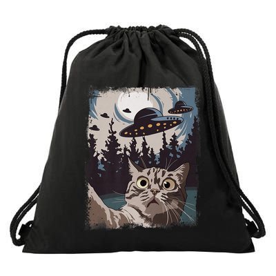 Cat Selfie With Ufo Alien Funny Cat Graphic Drawstring Bag