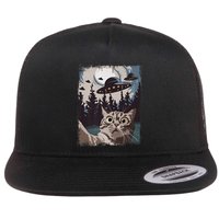 Cat Selfie With Ufo Alien Funny Cat Graphic Flat Bill Trucker Hat