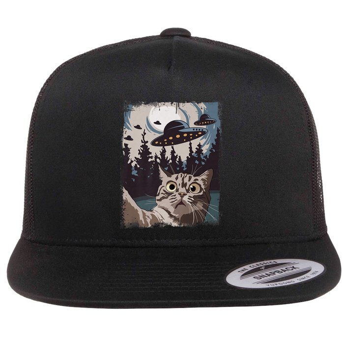 Cat Selfie With Ufo Alien Funny Cat Graphic Flat Bill Trucker Hat