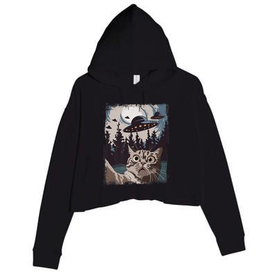 Cat Selfie With Ufo Alien Funny Cat Graphic Crop Fleece Hoodie