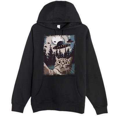 Cat Selfie With Ufo Alien Funny Cat Graphic Premium Pullover Hoodie