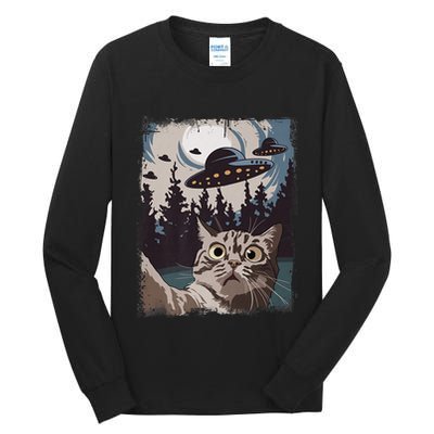 Cat Selfie With Ufo Alien Funny Cat Graphic Tall Long Sleeve T-Shirt