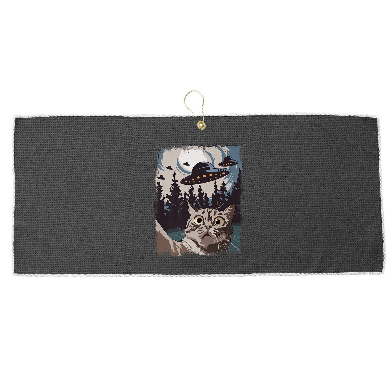 Cat Selfie With Ufo Alien Funny Cat Graphic Large Microfiber Waffle Golf Towel