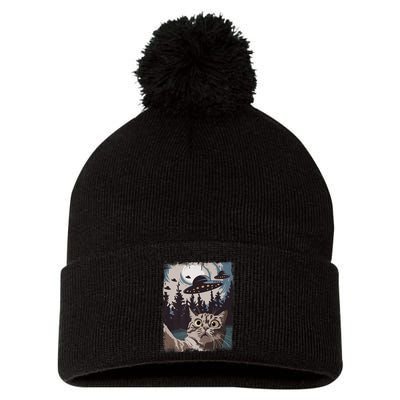 Cat Selfie With Ufo Alien Funny Cat Graphic Pom Pom 12in Knit Beanie