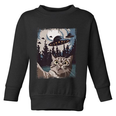 Cat Selfie With Ufo Alien Funny Cat Graphic Toddler Sweatshirt