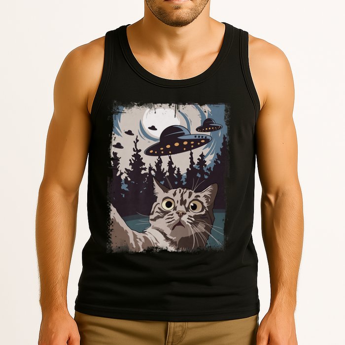Cat Selfie With Ufo Alien Funny Cat Graphic Tank Top