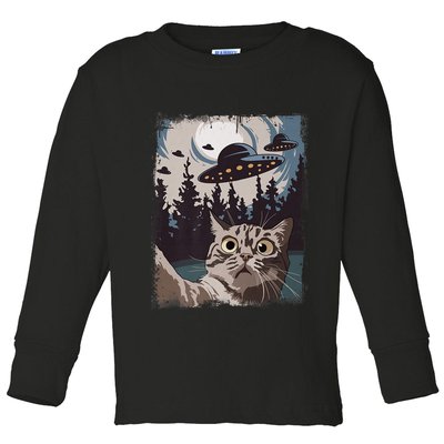 Cat Selfie With Ufo Alien Funny Cat Graphic Toddler Long Sleeve Shirt