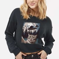 Cat Selfie With Ufo Alien Funny Cat Graphic Cropped Pullover Crew