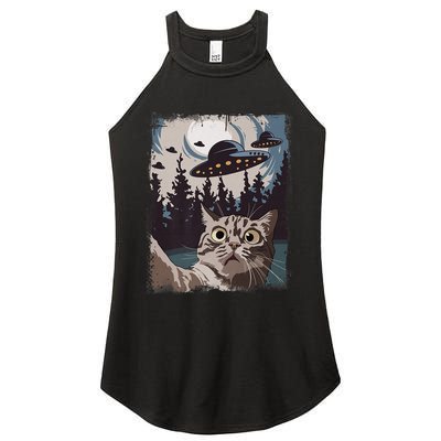 Cat Selfie With Ufo Alien Funny Cat Graphic Women's Perfect Tri Rocker Tank
