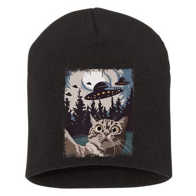 Cat Selfie With Ufo Alien Funny Cat Graphic Short Acrylic Beanie