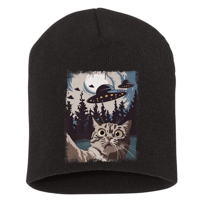 Cat Selfie With Ufo Alien Funny Cat Graphic Short Acrylic Beanie