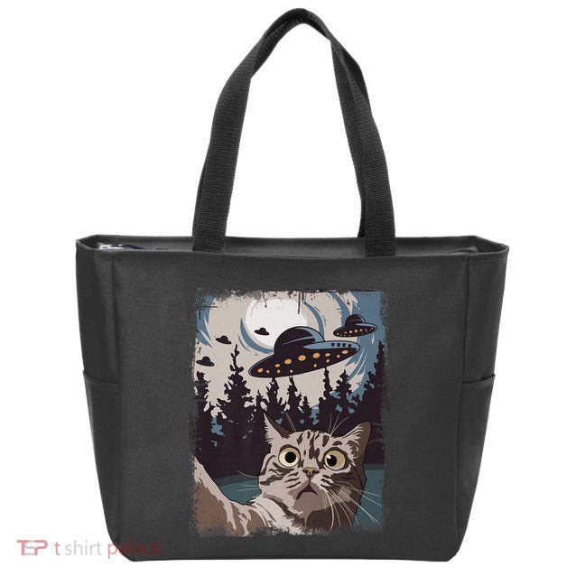 Cat Selfie With Ufo Alien Funny Cat Graphic Zip Tote Bag