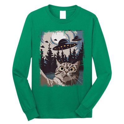 Cat Selfie With Ufo Alien Funny Cat Graphic Long Sleeve Shirt