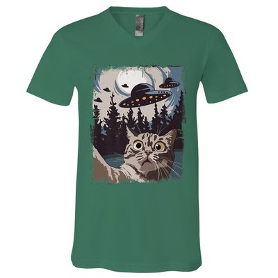 Cat Selfie With Ufo Alien Funny Cat Graphic V-Neck T-Shirt