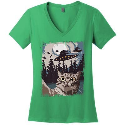 Cat Selfie With Ufo Alien Funny Cat Graphic Women's V-Neck T-Shirt