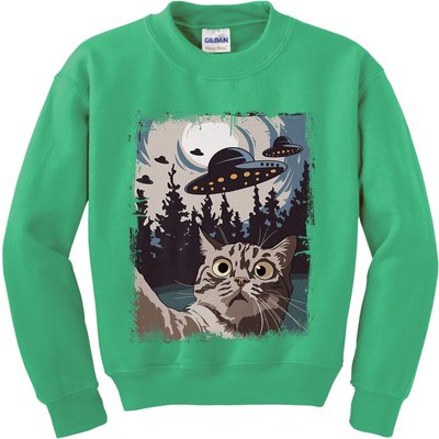 Cat Selfie With Ufo Alien Funny Cat Graphic Kids Sweatshirt