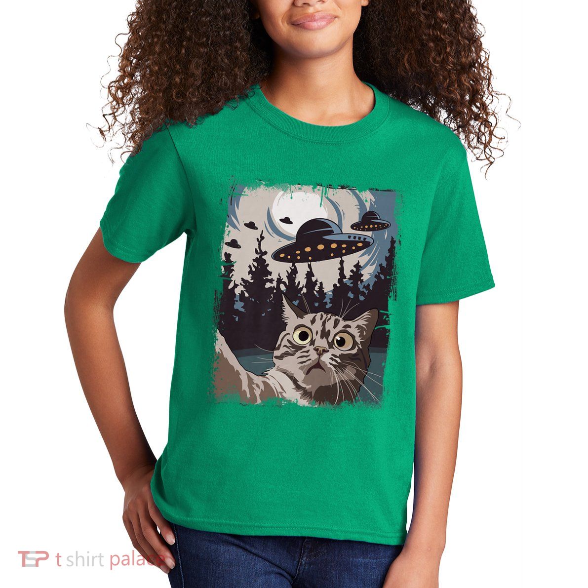 Cat Selfie With Ufo Alien Funny Cat Graphic Kids T-Shirt
