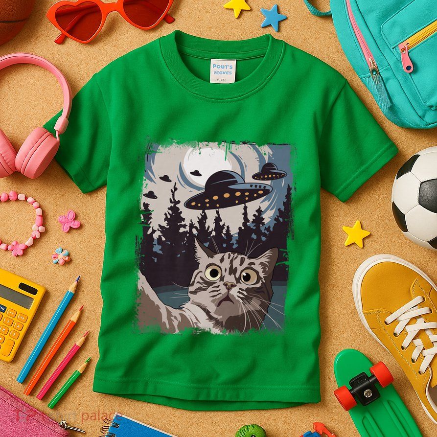 Cat Selfie With Ufo Alien Funny Cat Graphic Kids T-Shirt