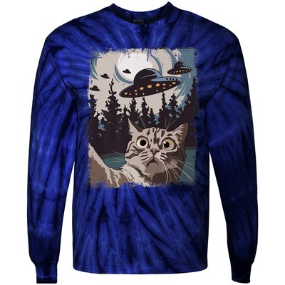 Cat Selfie With Ufo Alien Funny Cat Graphic Tie-Dye Long Sleeve Shirt