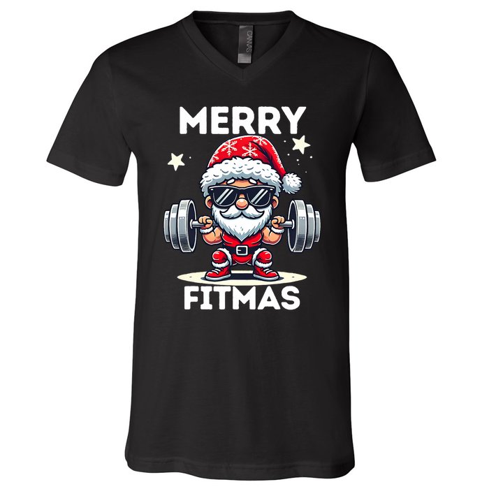 Christmas Santa Xmas Fitness Ugly Christmas Merry Fitmas V-Neck T-Shirt