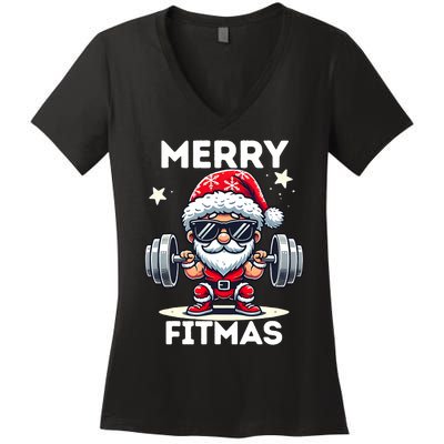 Christmas Santa Xmas Fitness Ugly Christmas Merry Fitmas Women's V-Neck T-Shirt