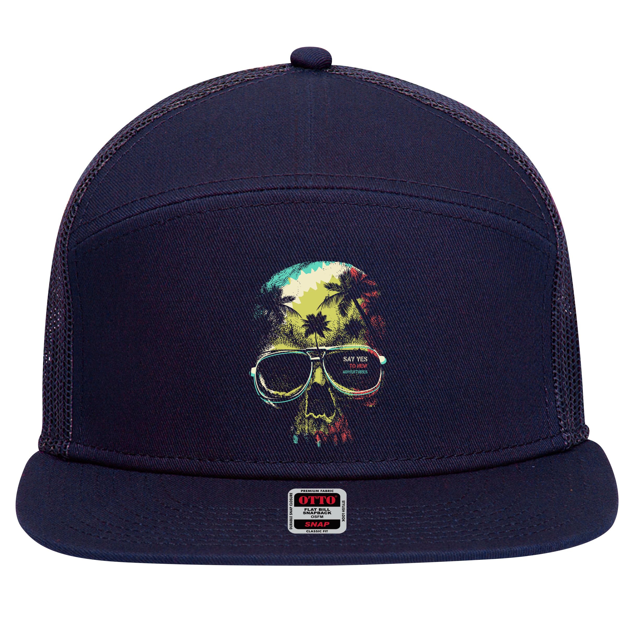 Cool Say Yes To New Adventures Tropical Grunge Skull 7 Panel Mesh Trucker Snapback Hat