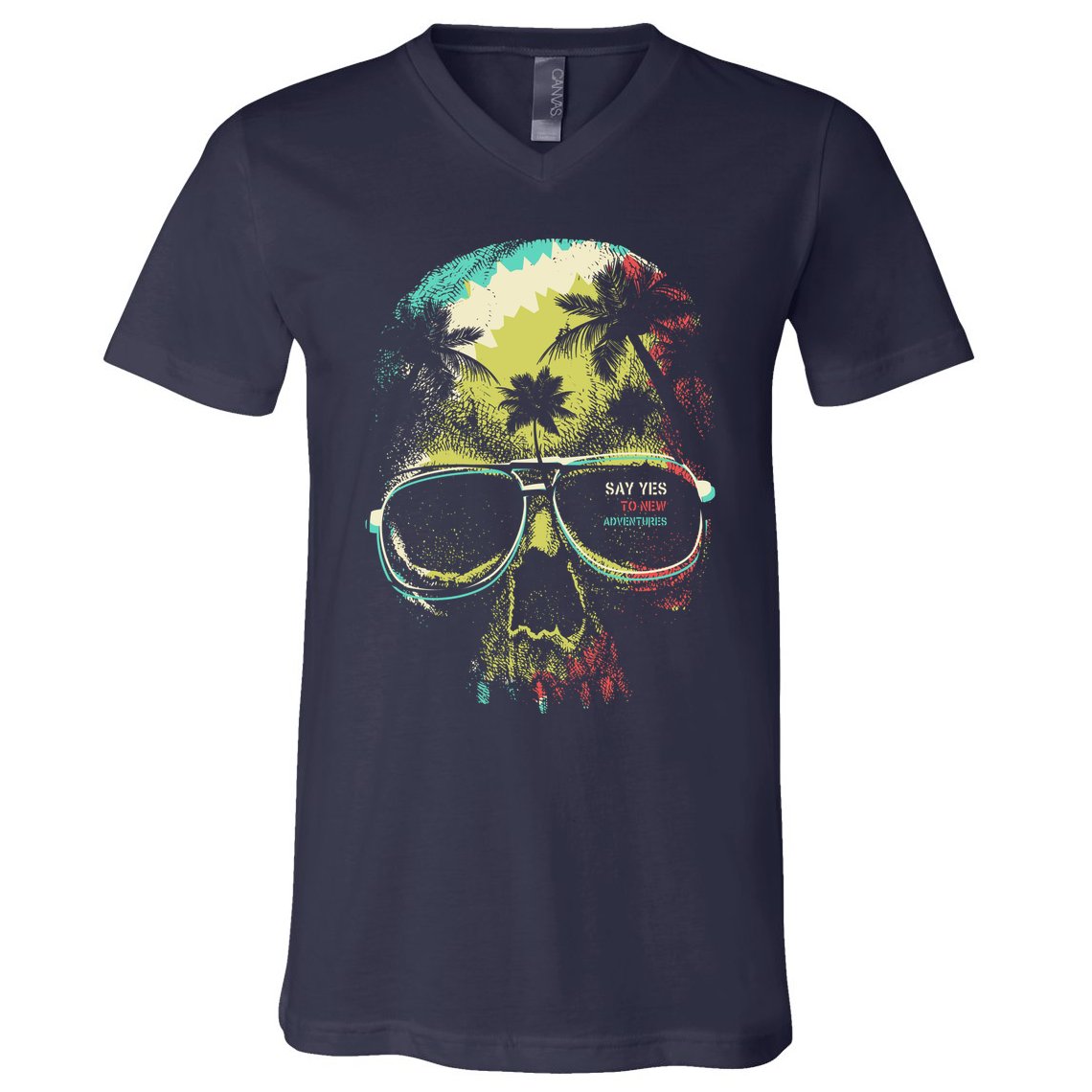 Cool Say Yes To New Adventures Tropical Grunge Skull V-Neck T-Shirt