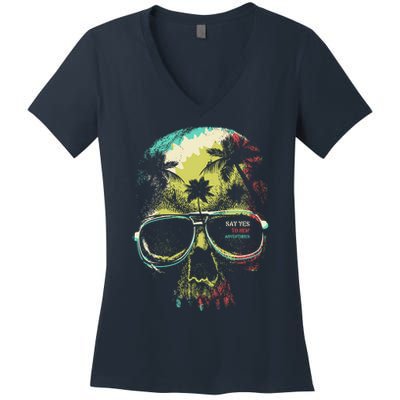 Cool Say Yes To New Adventures Tropical Grunge Skull Women's V-Neck T-Shirt