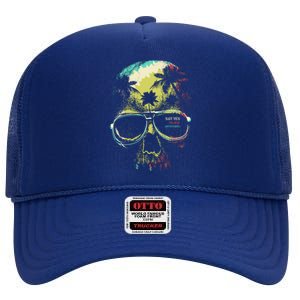 Cool Say Yes To New Adventures Tropical Grunge Skull High Crown Mesh Back Trucker Hat