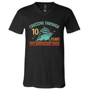 Cruising Through 10 Years 10Th Anniversary Couple Cruise V-Neck T-Shirt