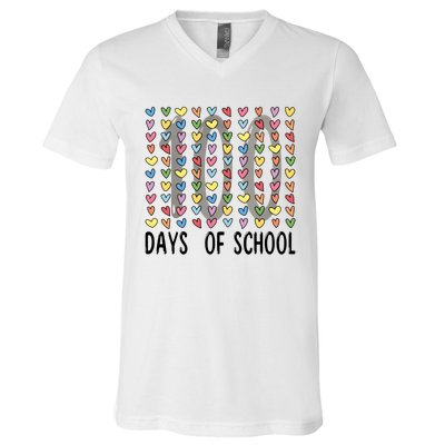 Cute Teacher 100 Days Of School Hearts V-Neck T-Shirt