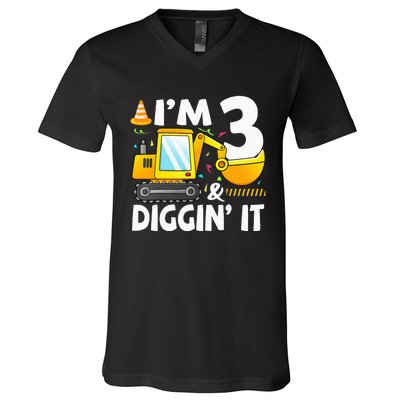 Construction Truck 3rd Birthday 3 Three Excavator Digger V-Neck T-Shirt