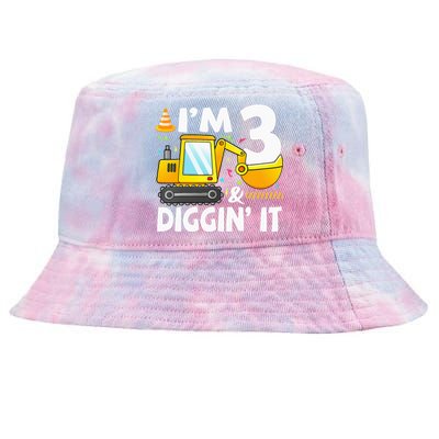 Construction Truck 3rd Birthday 3 Three Excavator Digger Tie-Dyed Bucket Hat