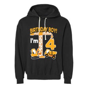 Construction Truck 4nd Birthday 4 Year Old Boy Excavator Garment-Dyed Fleece Hoodie