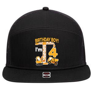 Construction Truck 4nd Birthday 4 Year Old Boy Excavator 7 Panel Mesh Trucker Snapback Hat