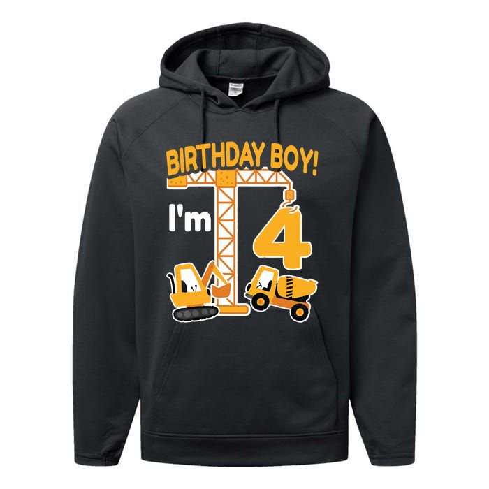 Construction Truck 4nd Birthday 4 Year Old Boy Excavator Performance Fleece Hoodie