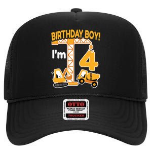 Construction Truck 4nd Birthday 4 Year Old Boy Excavator High Crown Mesh Back Trucker Hat