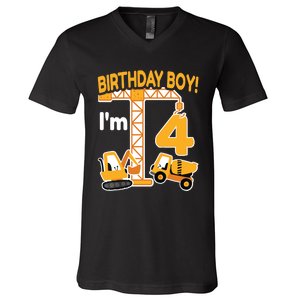 Construction Truck 4nd Birthday 4 Year Old Boy Excavator V-Neck T-Shirt