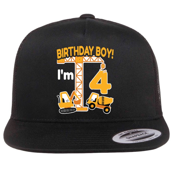 Construction Truck 4nd Birthday 4 Year Old Boy Excavator Flat Bill Trucker Hat