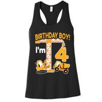 Construction Truck 4nd Birthday 4 Year Old Boy Excavator Women's Racerback Tank