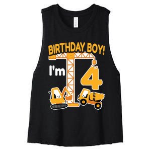 Construction Truck 4nd Birthday 4 Year Old Boy Excavator Women's Racerback Cropped Tank