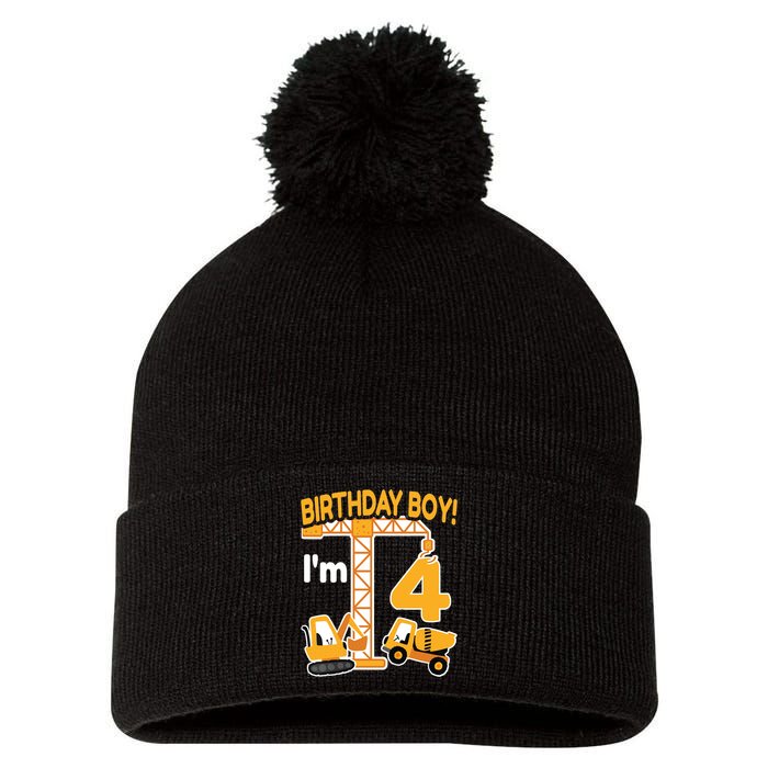 Construction Truck 4nd Birthday 4 Year Old Boy Excavator Pom Pom 12in Knit Beanie