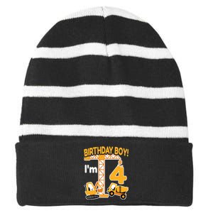 Construction Truck 4nd Birthday 4 Year Old Boy Excavator Striped Beanie with Solid Band