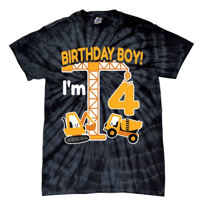 Construction Truck 4nd Birthday 4 Year Old Boy Excavator Tie-Dye T-Shirt